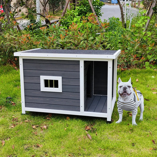 Outdoor Wooden Puppy Kennel With Waterproof Asphalt Roof And Porch