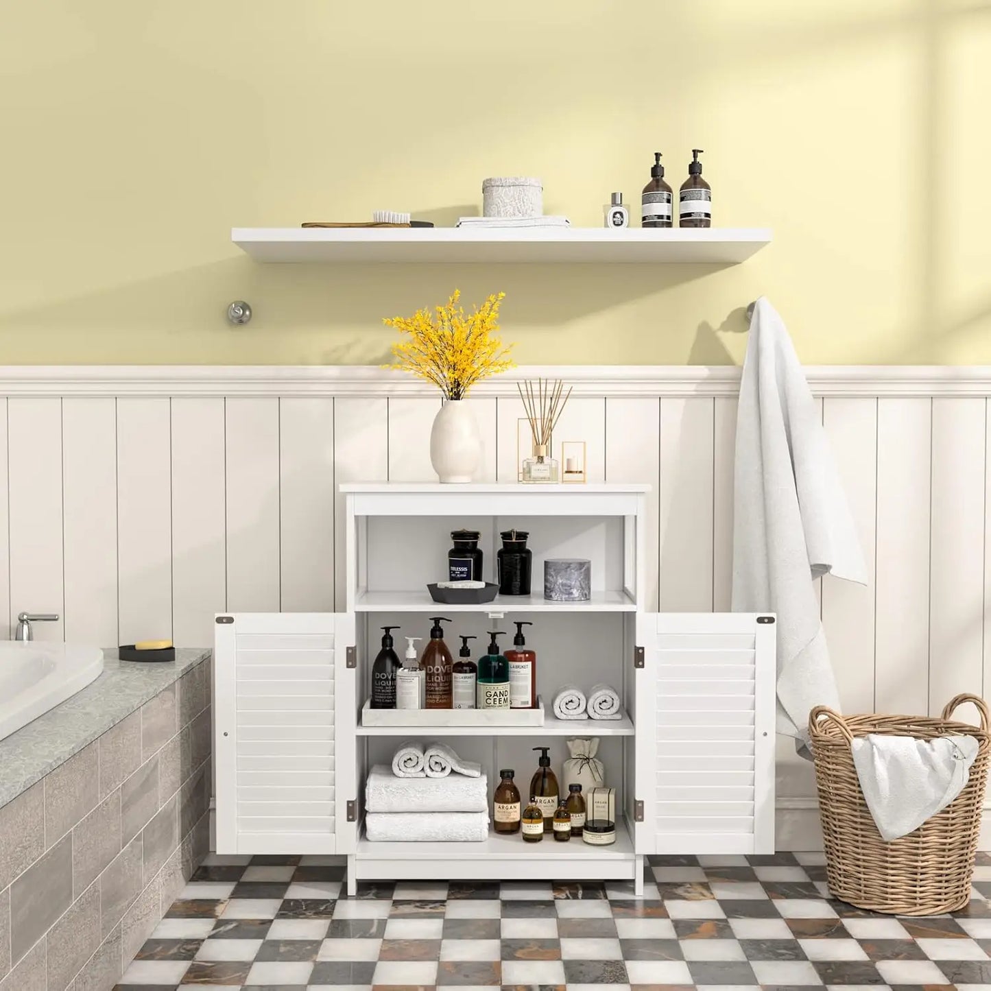 Bathroom Floor Cabinet Wooden Storage Double Doors And Adjustable Shelf