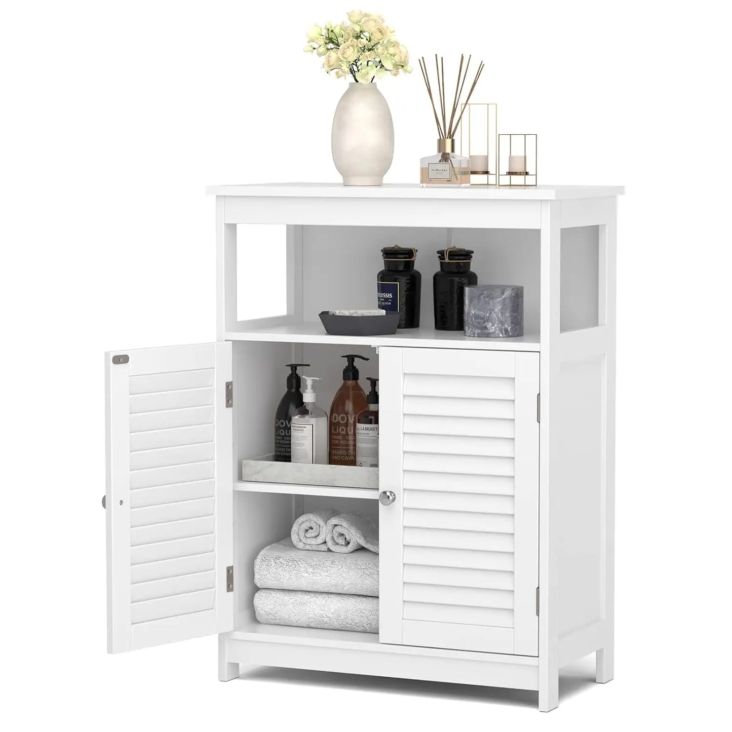 Bathroom Floor Cabinet Wooden Storage Double Doors And Adjustable Shelf