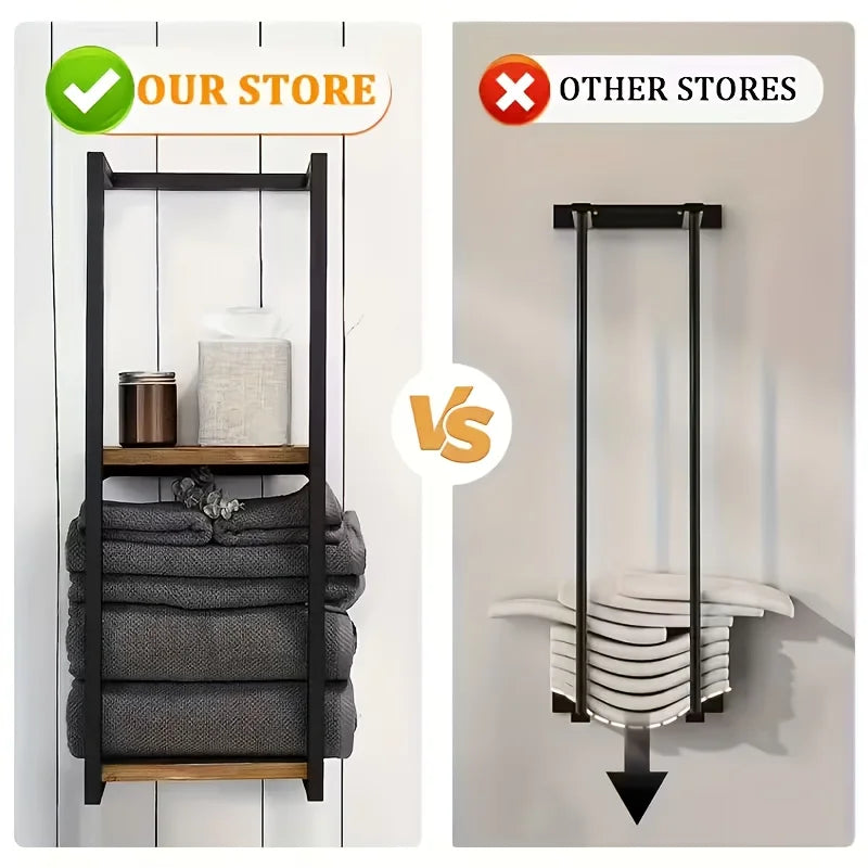 French Country Rustic Carbon Steel Wall Mounted Two Tier Towel Rack With Shelf