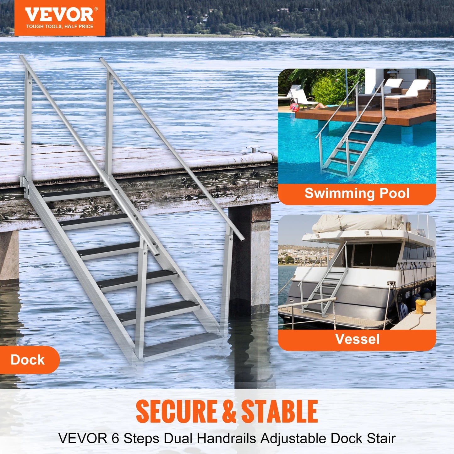 SucceBuy Dual Handrail Dock Ladder Aluminum With Rubber Mat