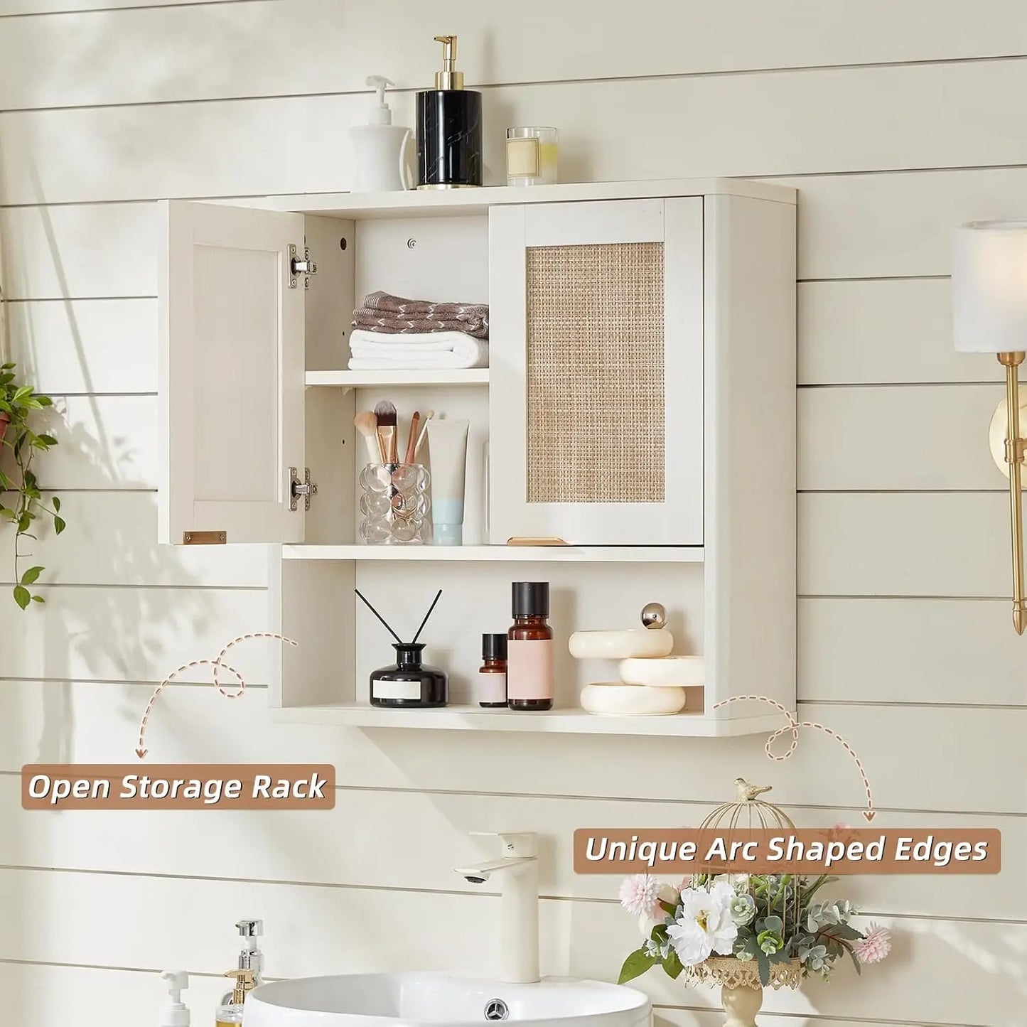 Rattan Boho Bathroom Wall Cabinet With Adjustable Shelves And Doors