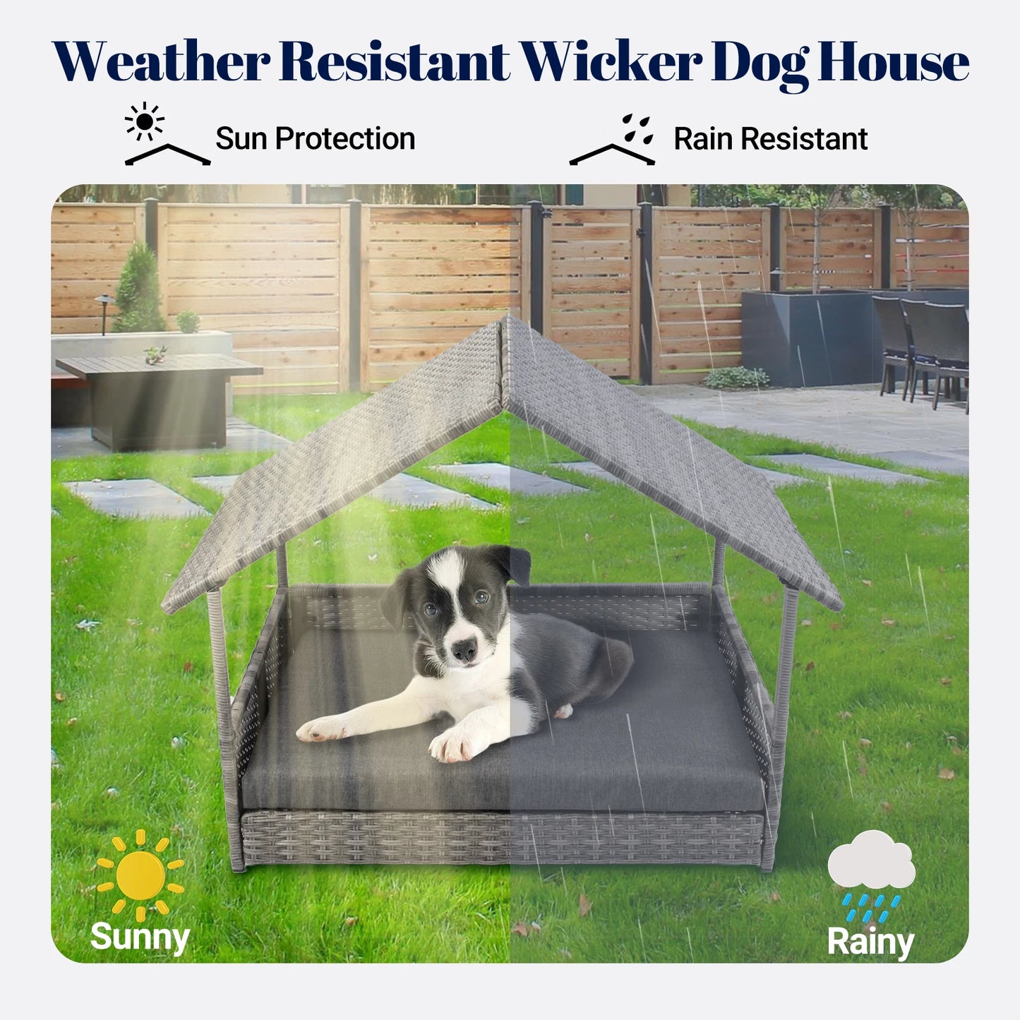 NONECN Wicker Dog House Elevated Rattan Canopy Bed