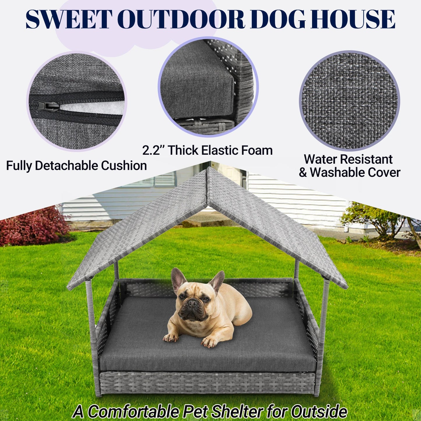 NONECN Wicker Dog House Elevated Rattan Canopy Bed