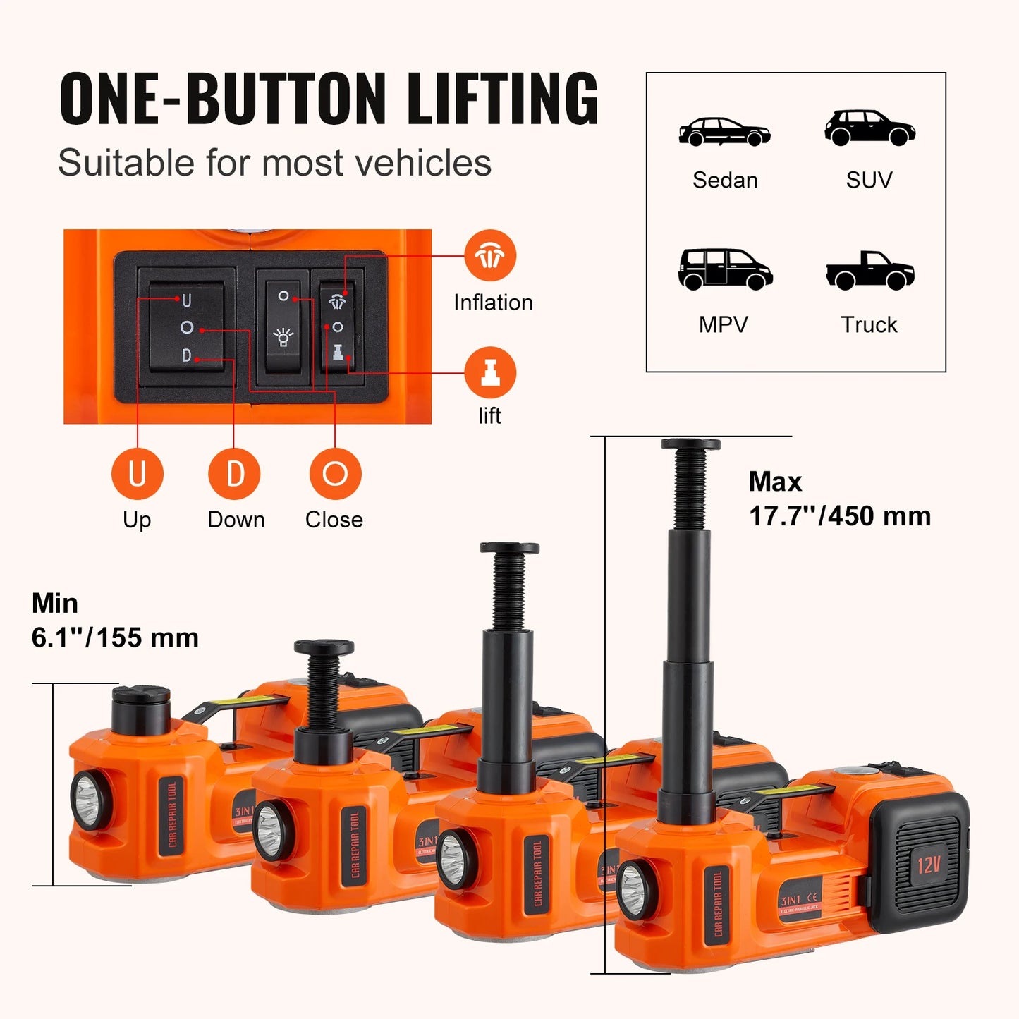 SucceBuy 5 Ton Electric Hydraulic Car Jack With Built In Inflatable Pump LED