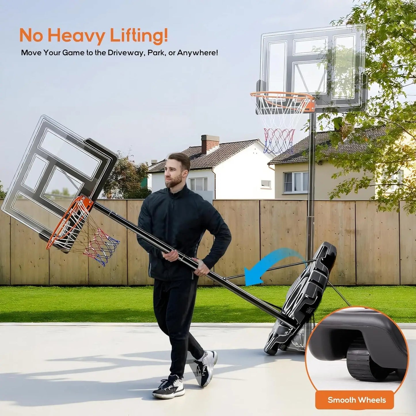 Portable Outdoor Basketball Hoop With Adjustable Backboard And Wheels