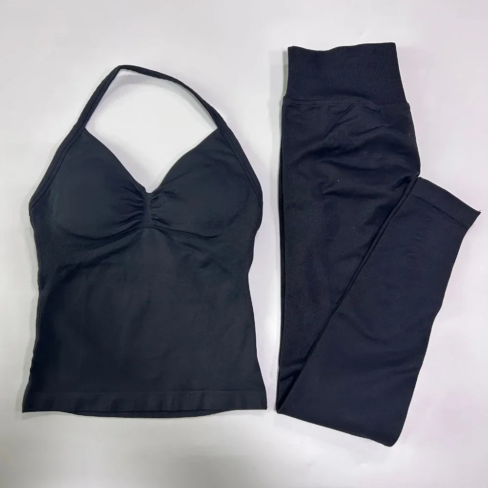 No Logo Seamless Gym Set Women High Waist Tank Tops