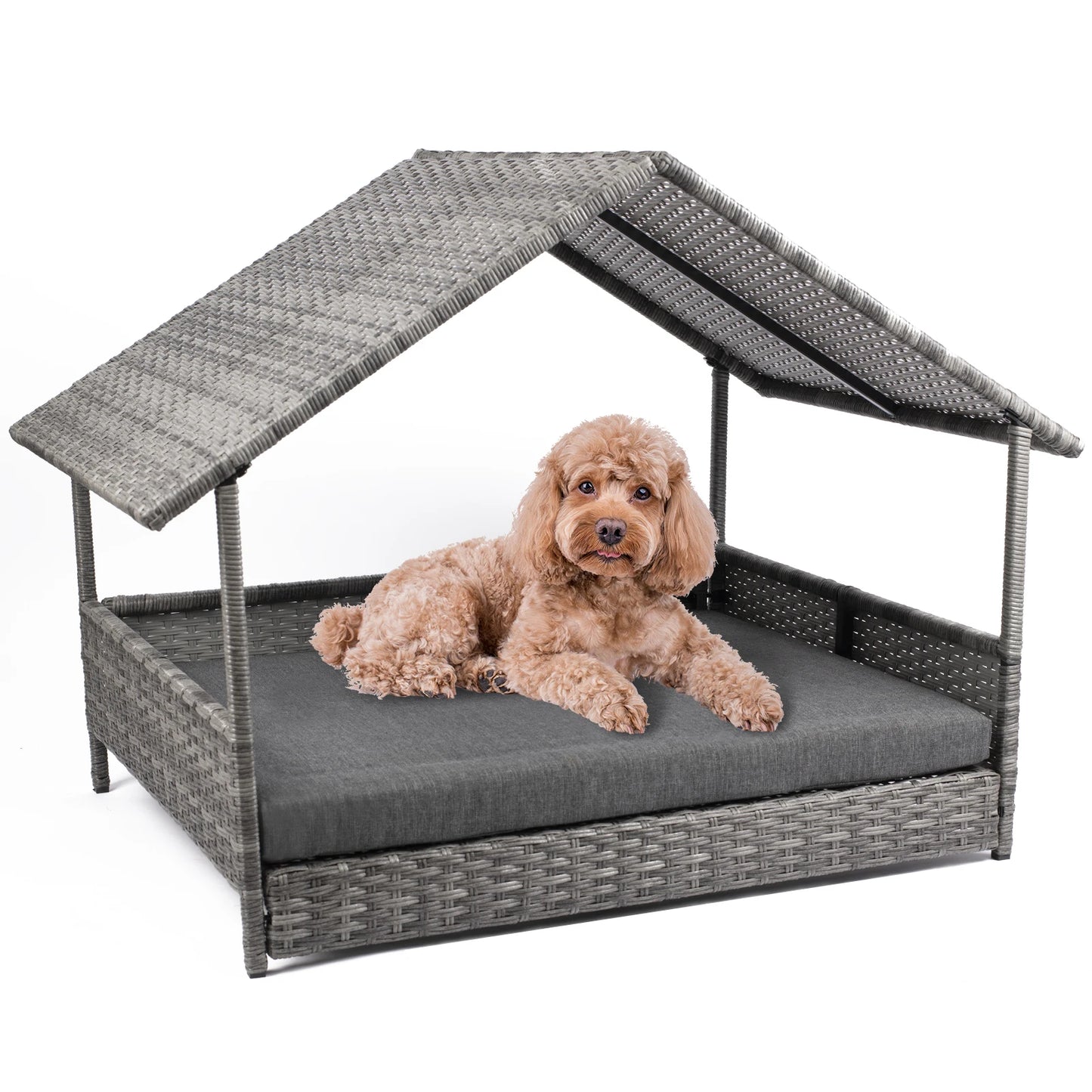 NONECN Wicker Dog House Elevated Rattan Canopy Bed