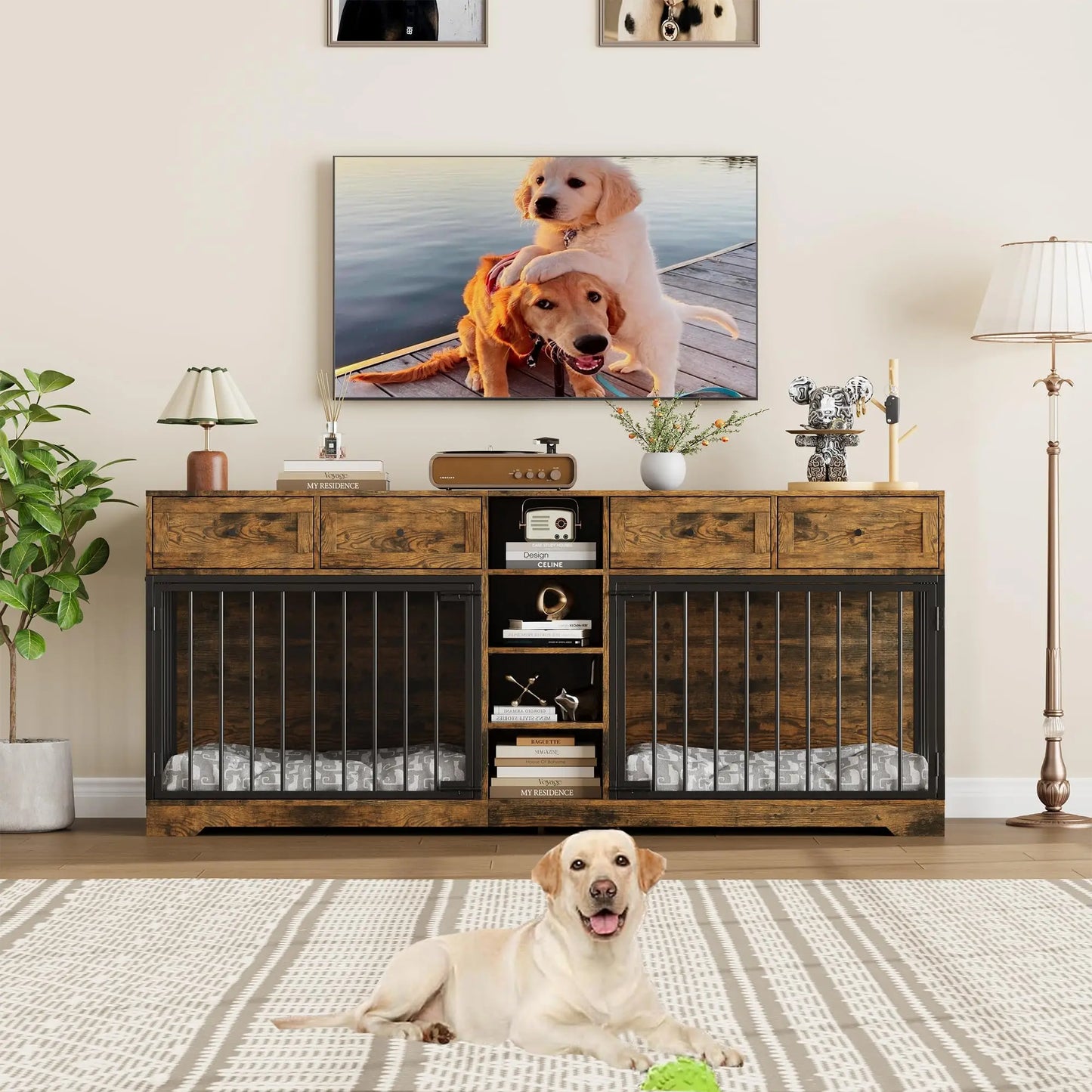 HiMISS Heavy Duty Wooden Dog Crate TV Stand With Drawers