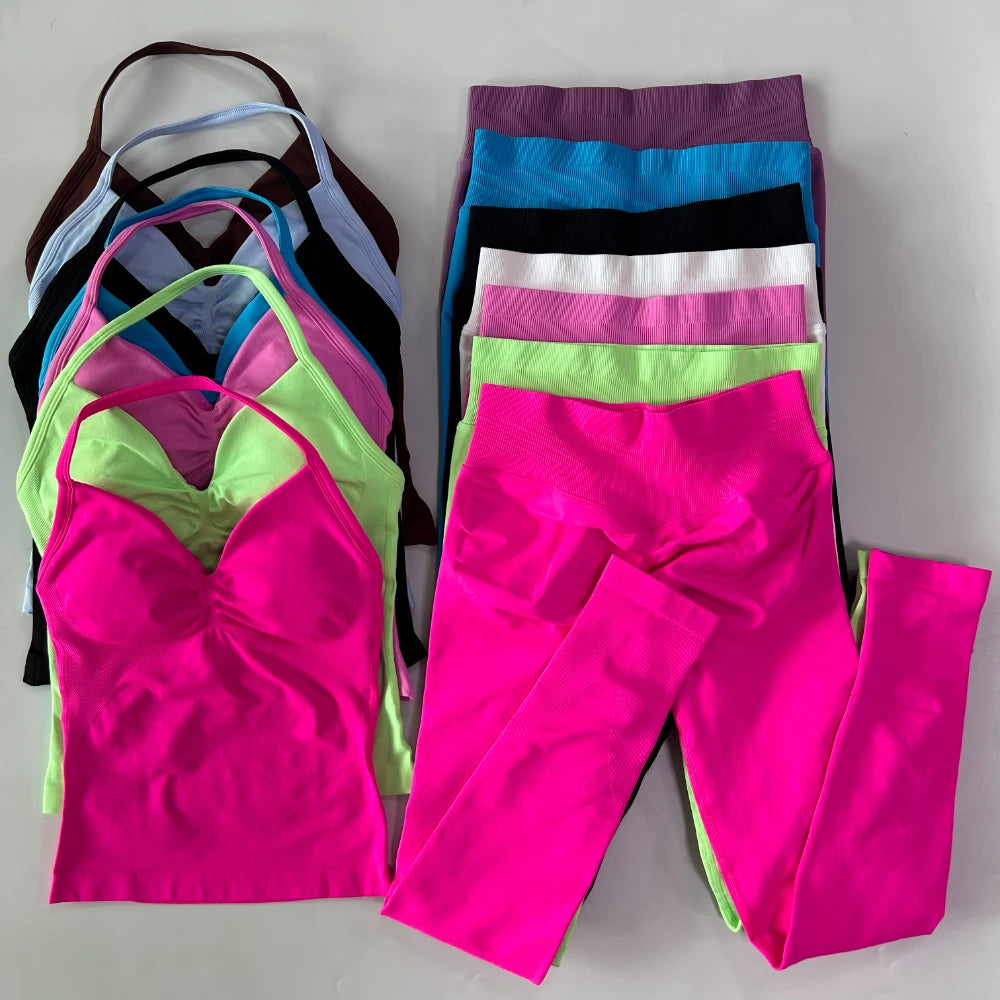 No Logo Seamless Gym Set Women High Waist Tank Tops