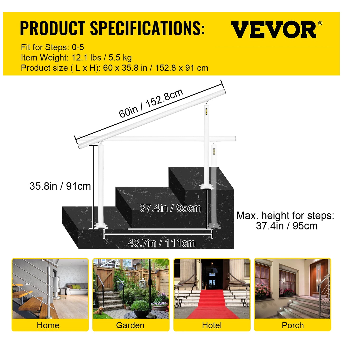 Outdoor Aluminum Handrail for Steps with Installation Kit
