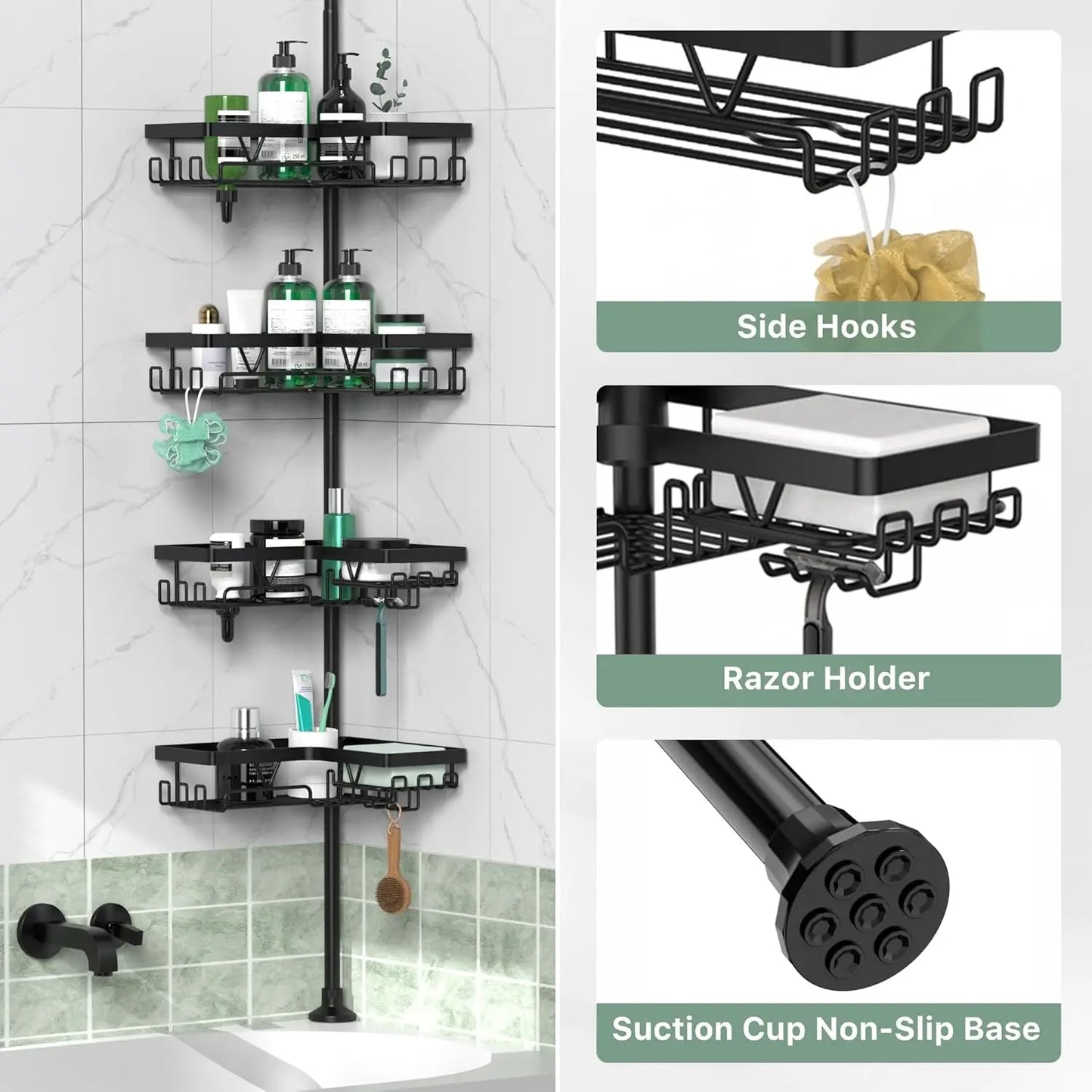 Stainless Steel 4-Tier Shower Caddy Tension Pole Rustproof