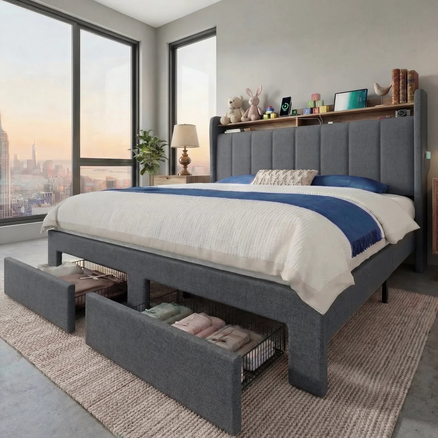 HOOMIC Bed Frame With Storage Drawers LED Lights Charging Station