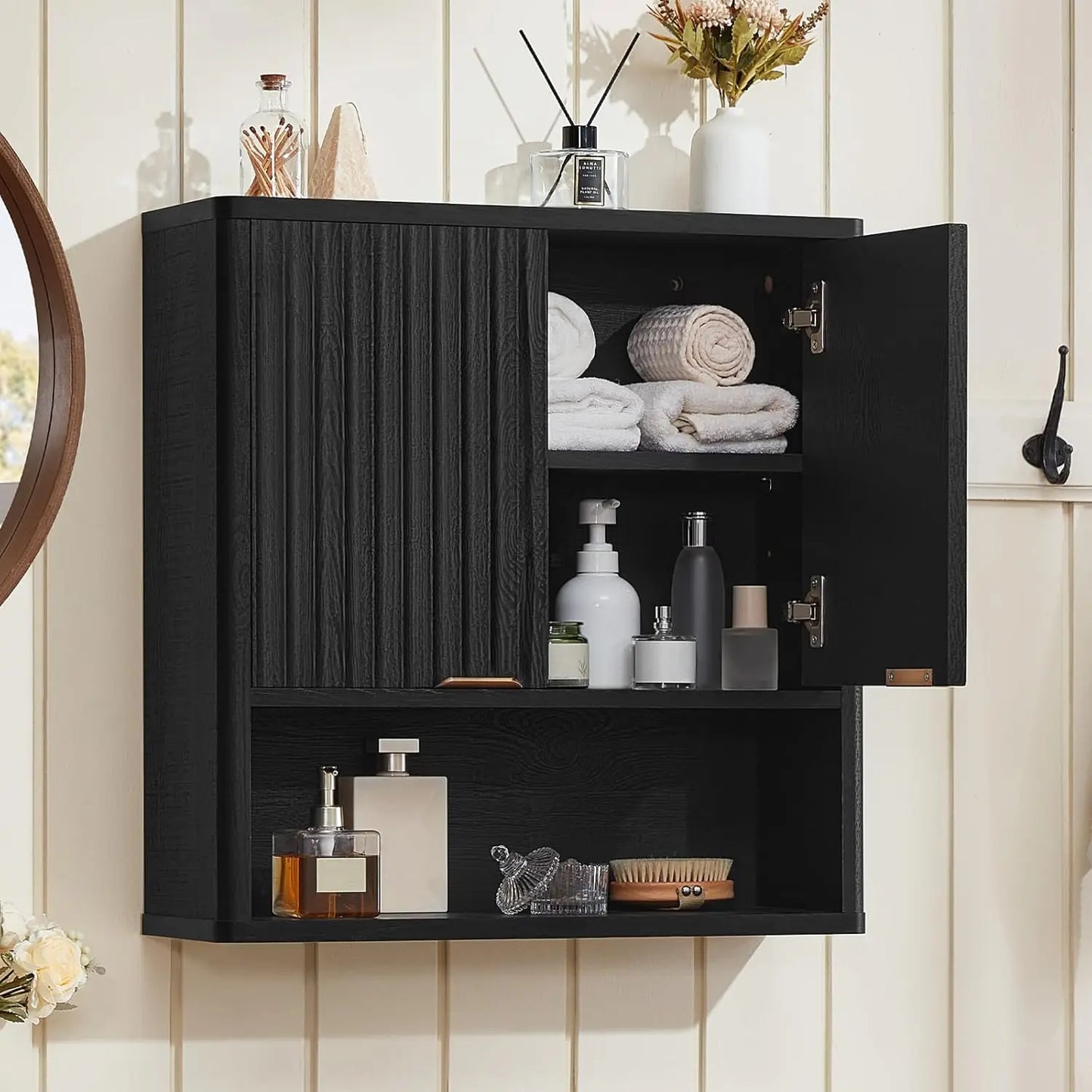 Rattan Boho Bathroom Wall Cabinet With Adjustable Shelves And Doors