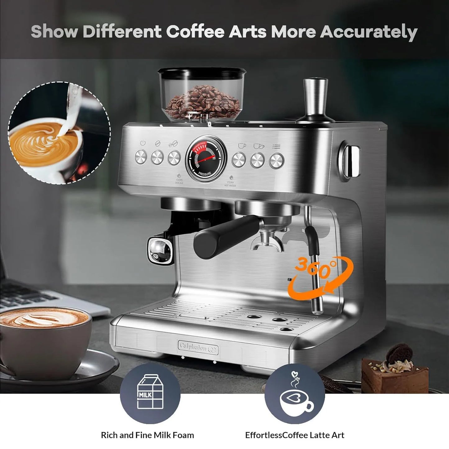 Acekool Espresso Machine With Grinder 20 Bar PID Control