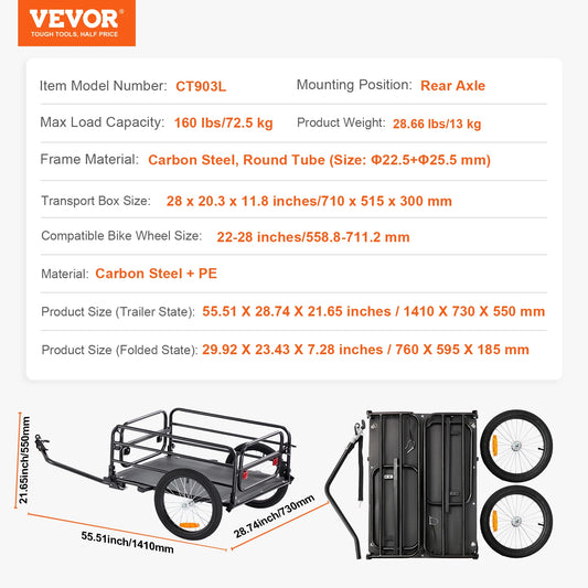 Foldable Bike Cargo Trailer Rear Mount With 160 Lb Capacity