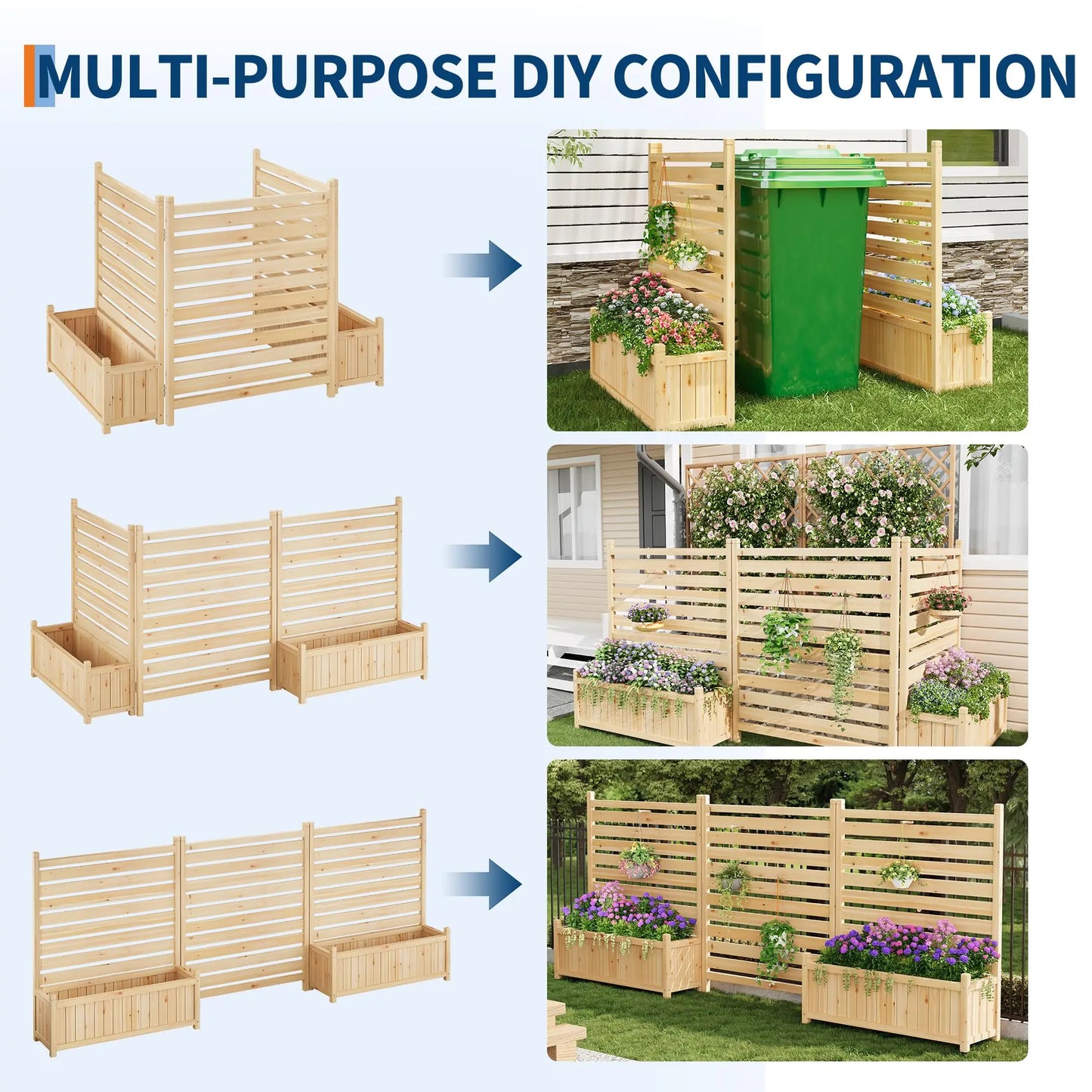 HiMISS Trellis Planter With Wooden Raised Bed Outdoor Privacy Fence