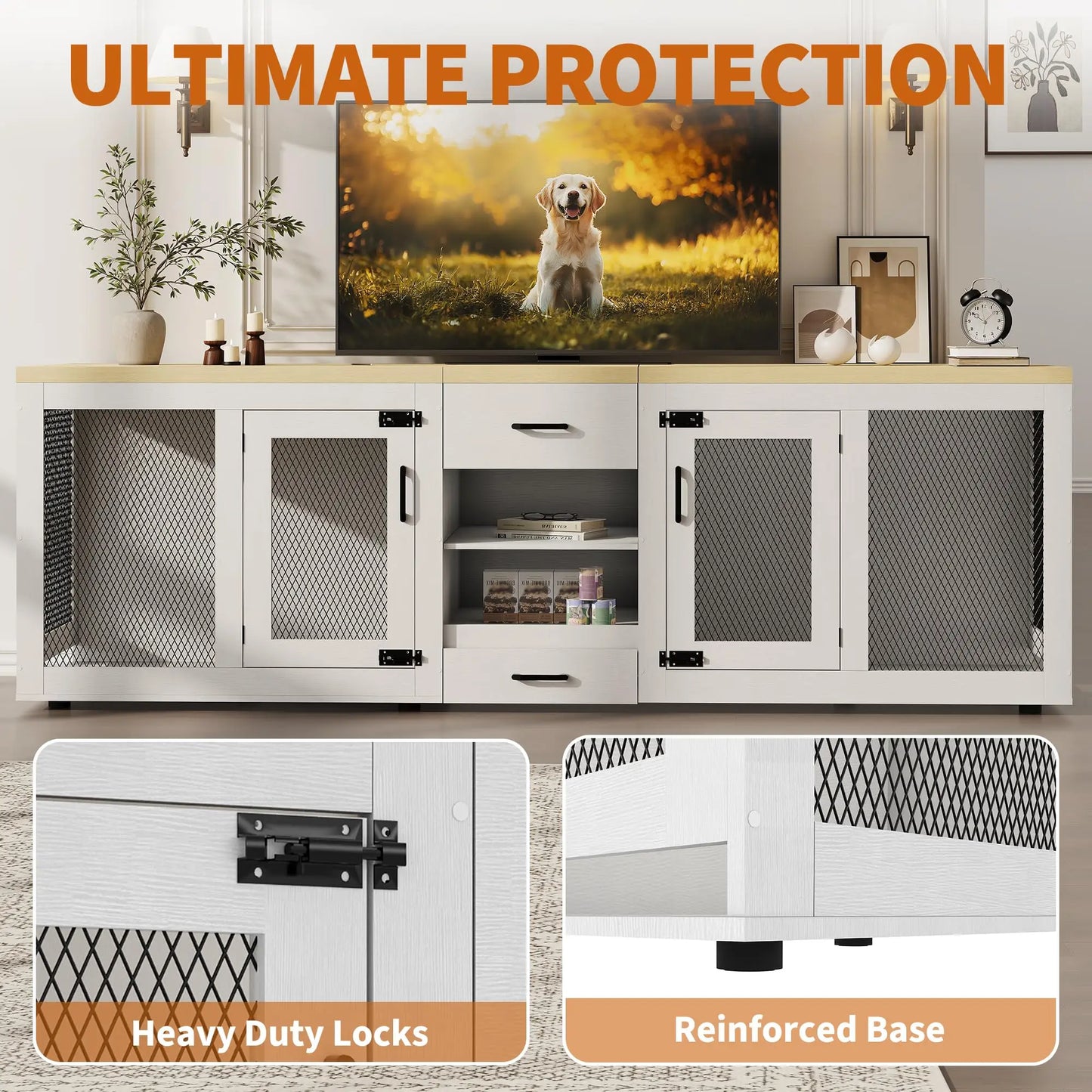 HiMISS Heavy Duty Dog Crate TV Stand With Feeding Station