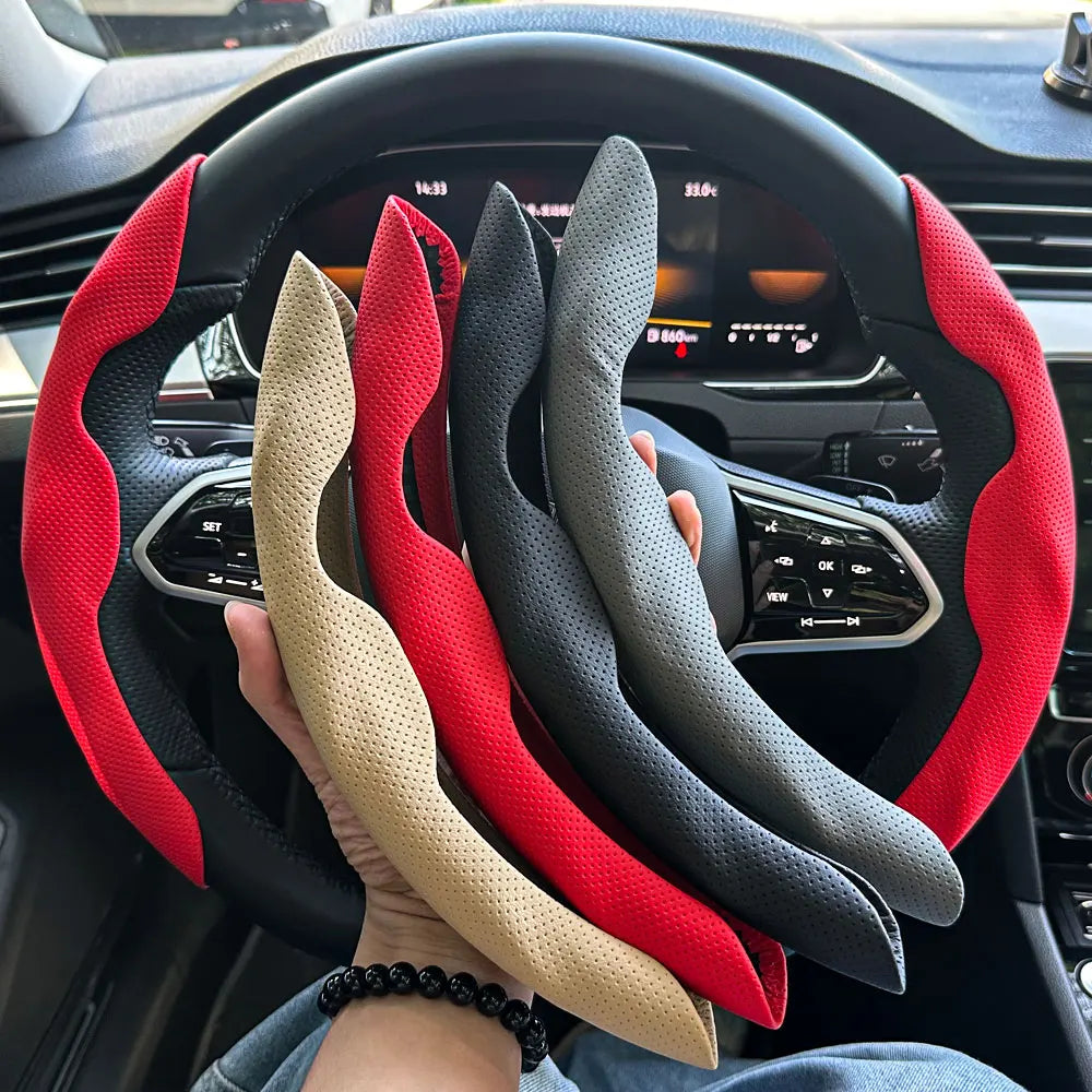 D Shaped Leather Steering Wheel Cover Anti Slip Ventilated Car Accessory