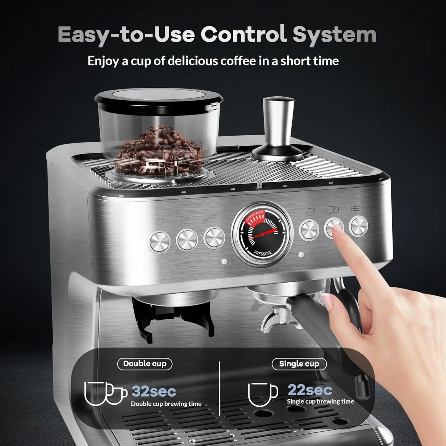 Acekool Espresso Machine With Grinder 20 Bar PID Control