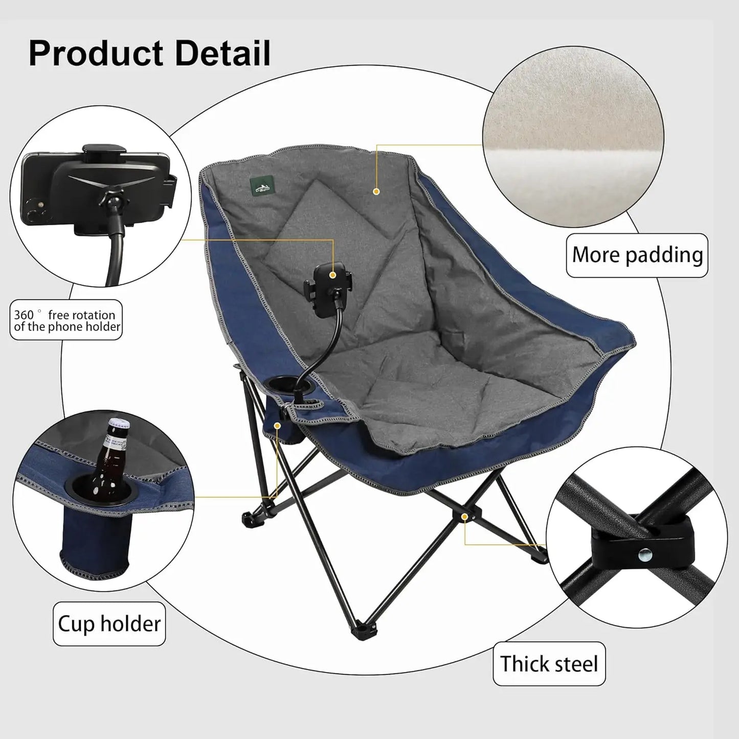 Oversized Foldable Camping Chair With Cup Holder And Phone Holder