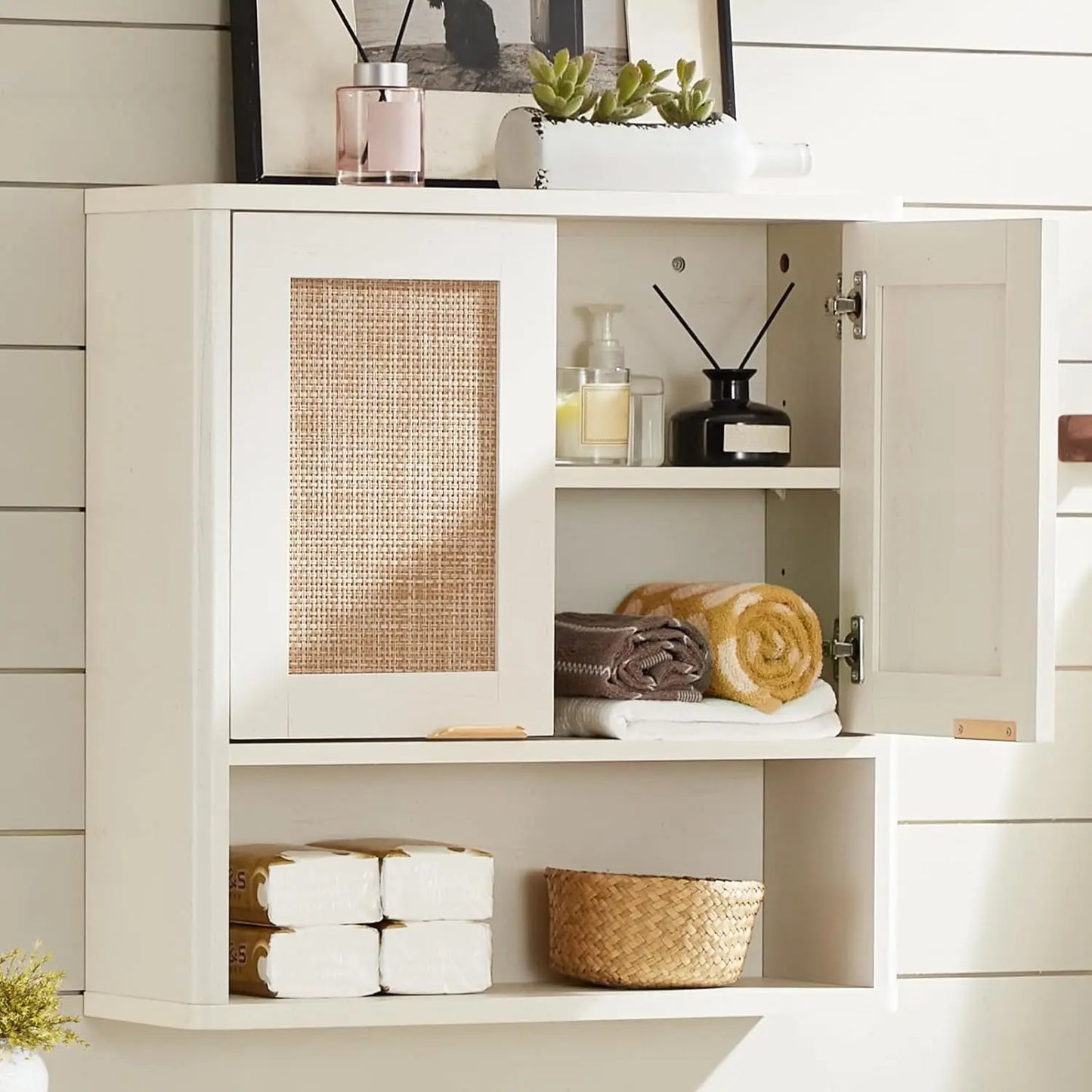 Rattan Boho Bathroom Wall Cabinet With Adjustable Shelves And Doors