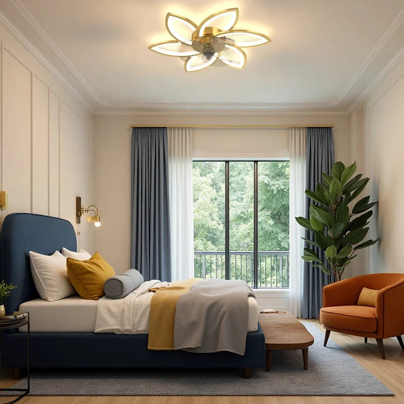 Petal-Shaped Ceiling Fan Light with 6 Wind Speed Settings, Stepless Dimming, Remote Control, and a Reversible Motor for Year-Round Use in Both Winter and Summer. Ideal for Bedrooms, Above Dining Tables, and in Home Offices.