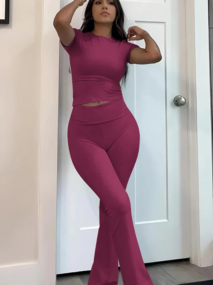 Women's Yoga Set Short Sleeve Top With Cuffed Flare Trousers