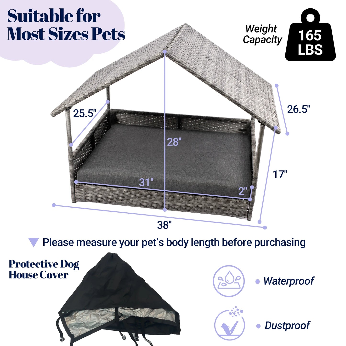 NONECN Wicker Dog House Elevated Rattan Canopy Bed