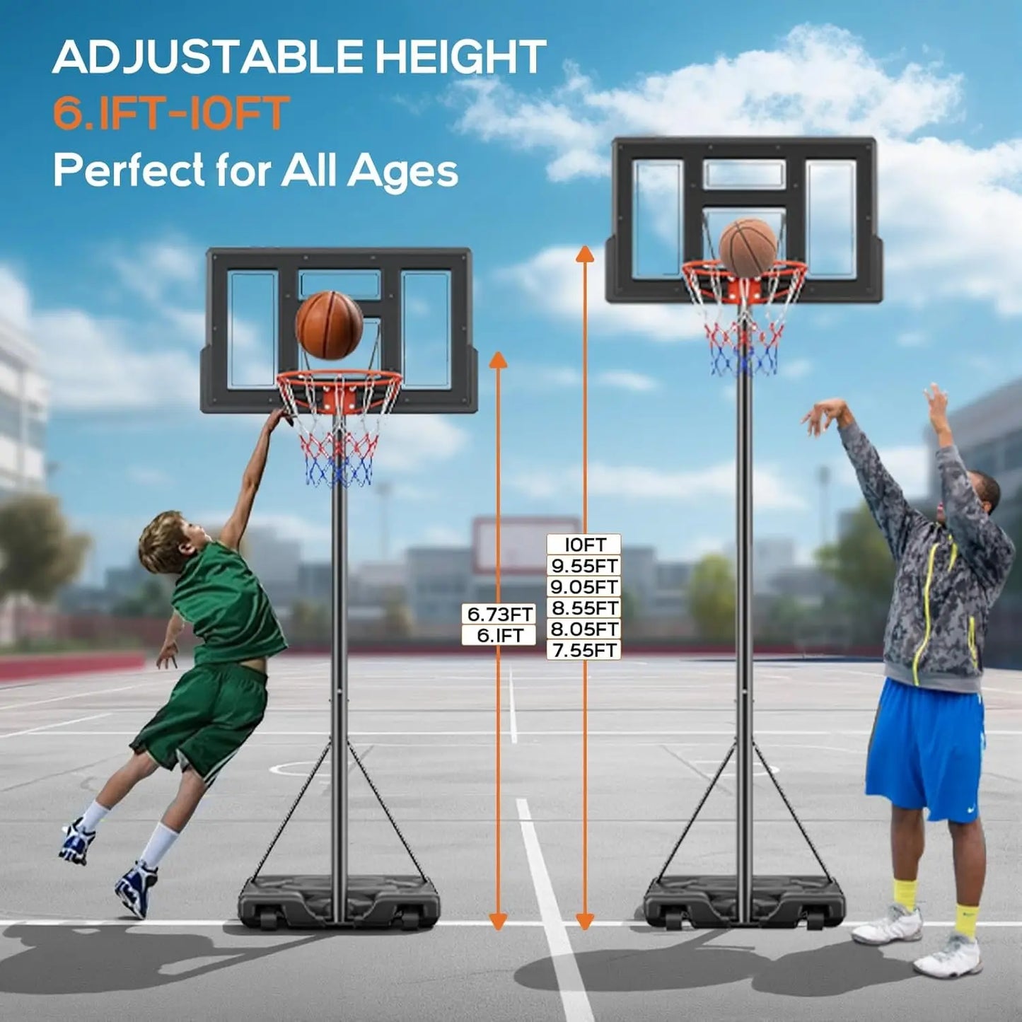 Portable Outdoor Basketball Hoop With Adjustable Backboard And Wheels