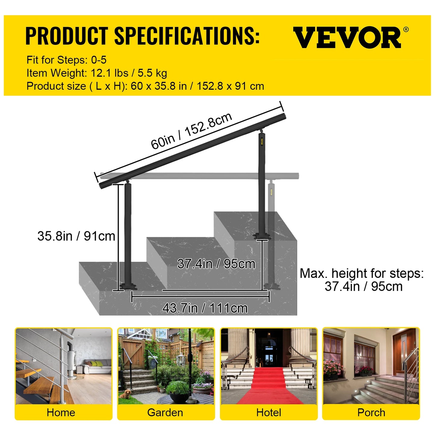 Outdoor Aluminum Handrail for Steps with Installation Kit