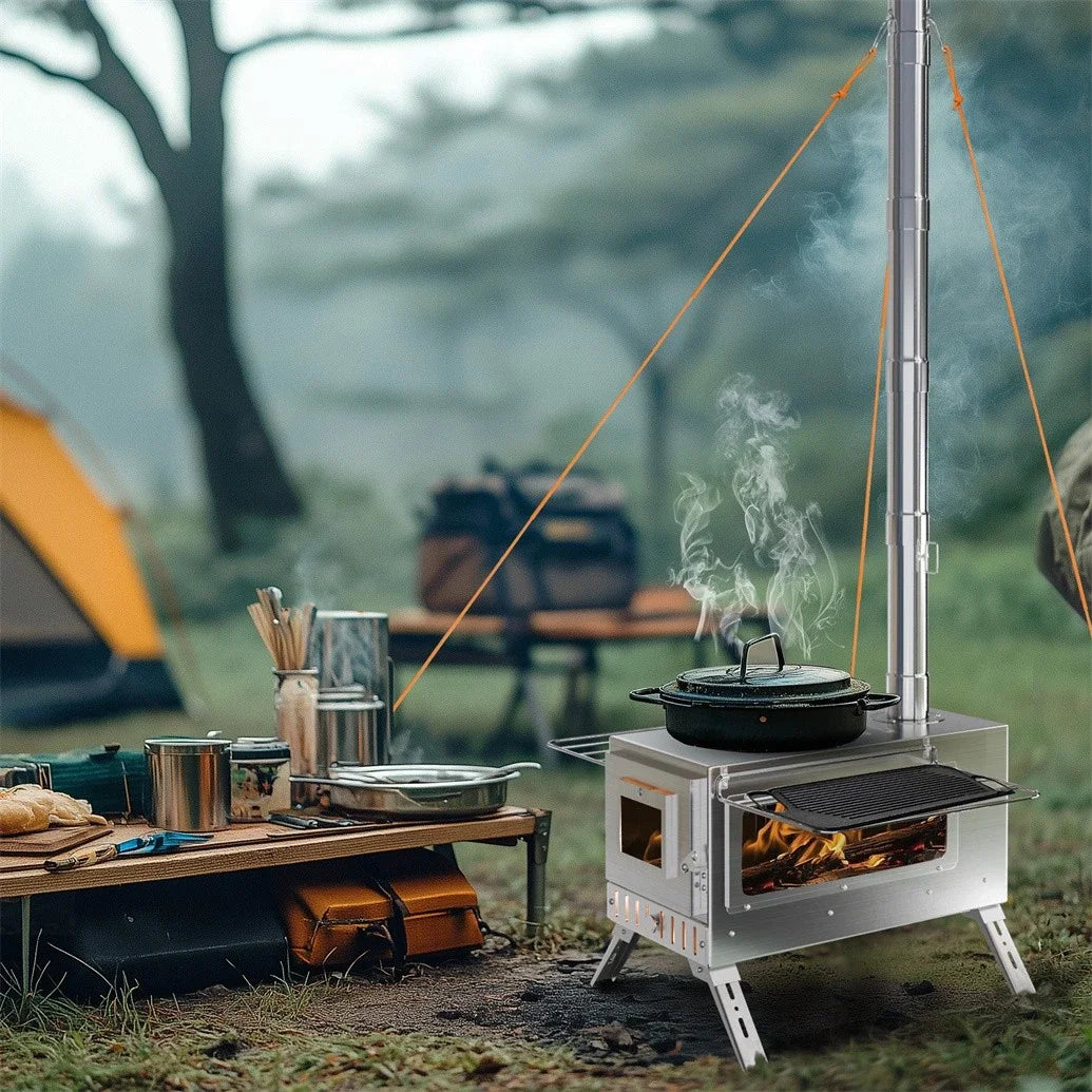 Portable Wood Burning Stove With Six Stainless Chimney Pipes