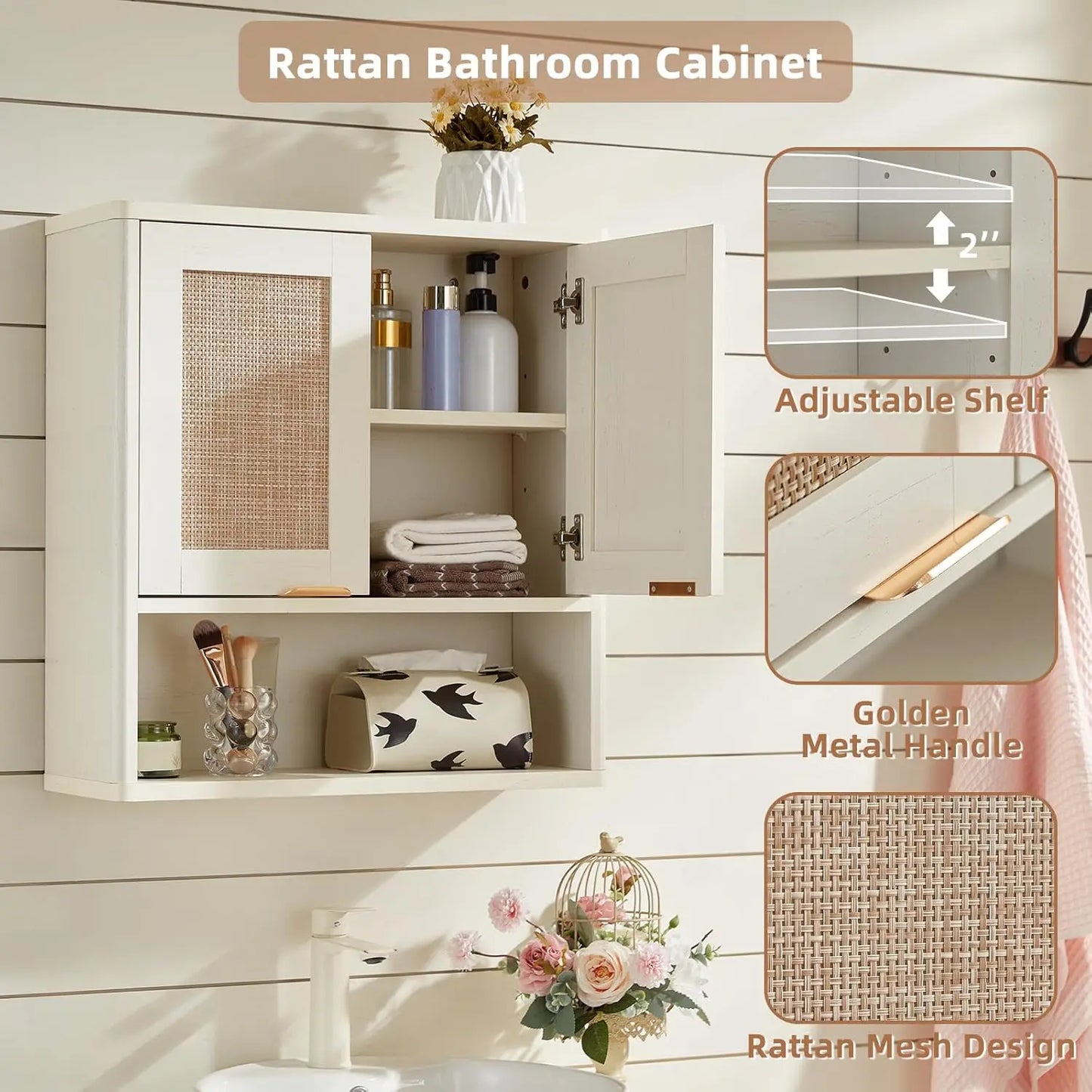 Rattan Boho Bathroom Wall Cabinet With Adjustable Shelves And Doors