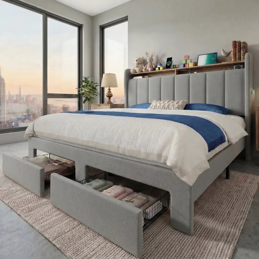 HOOMIC Bed Frame With Storage Drawers LED Lights Charging Station