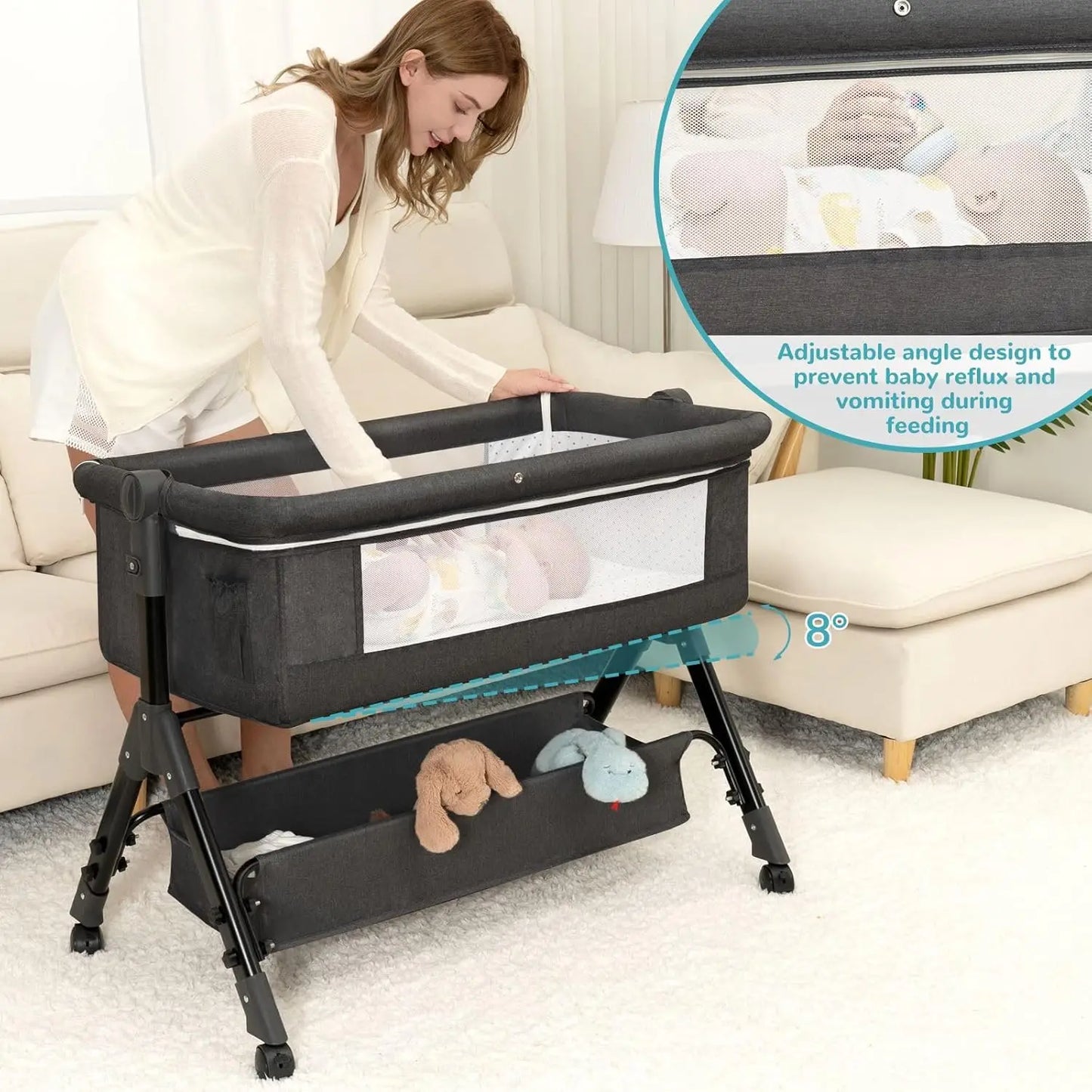 3-In-1 Adjustable Baby Bassinet With Folding Wheels Mosquito Net