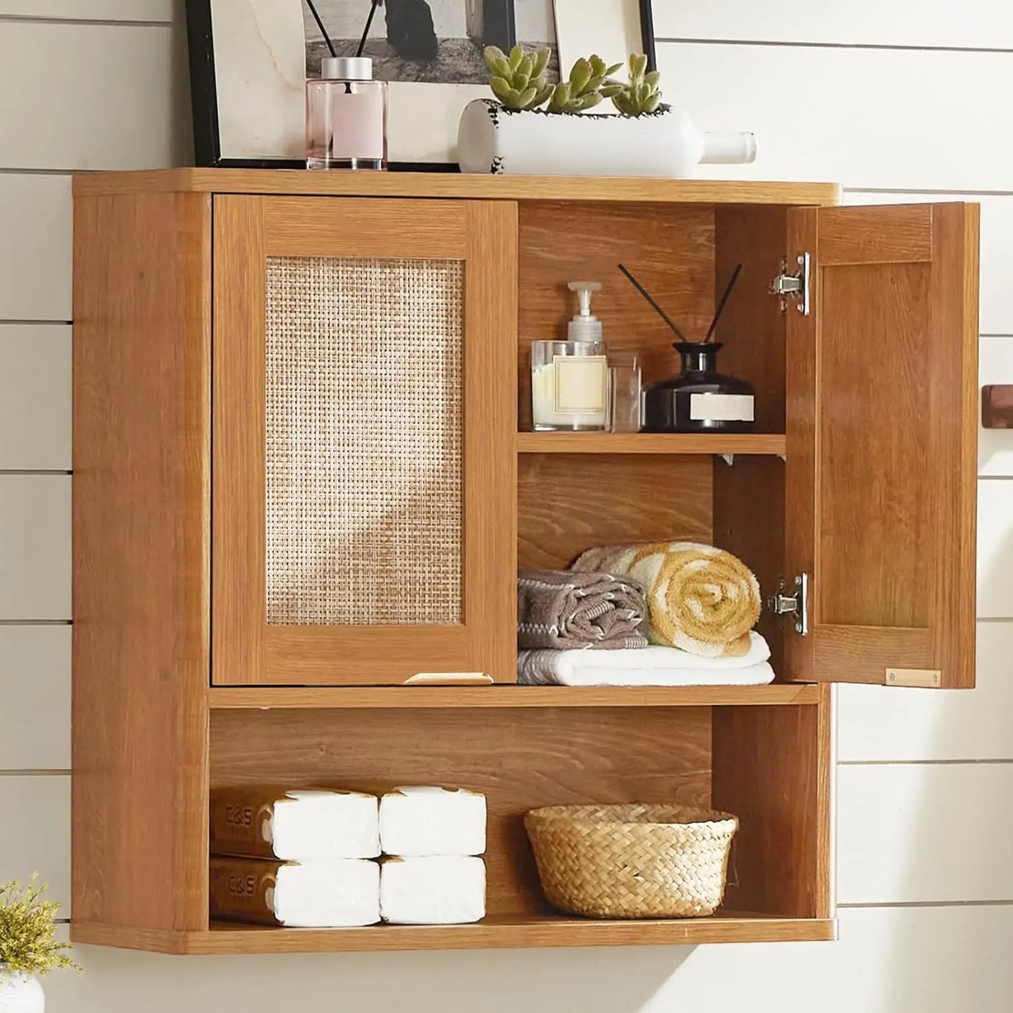 Rattan Boho Bathroom Wall Cabinet With Adjustable Shelves And Doors