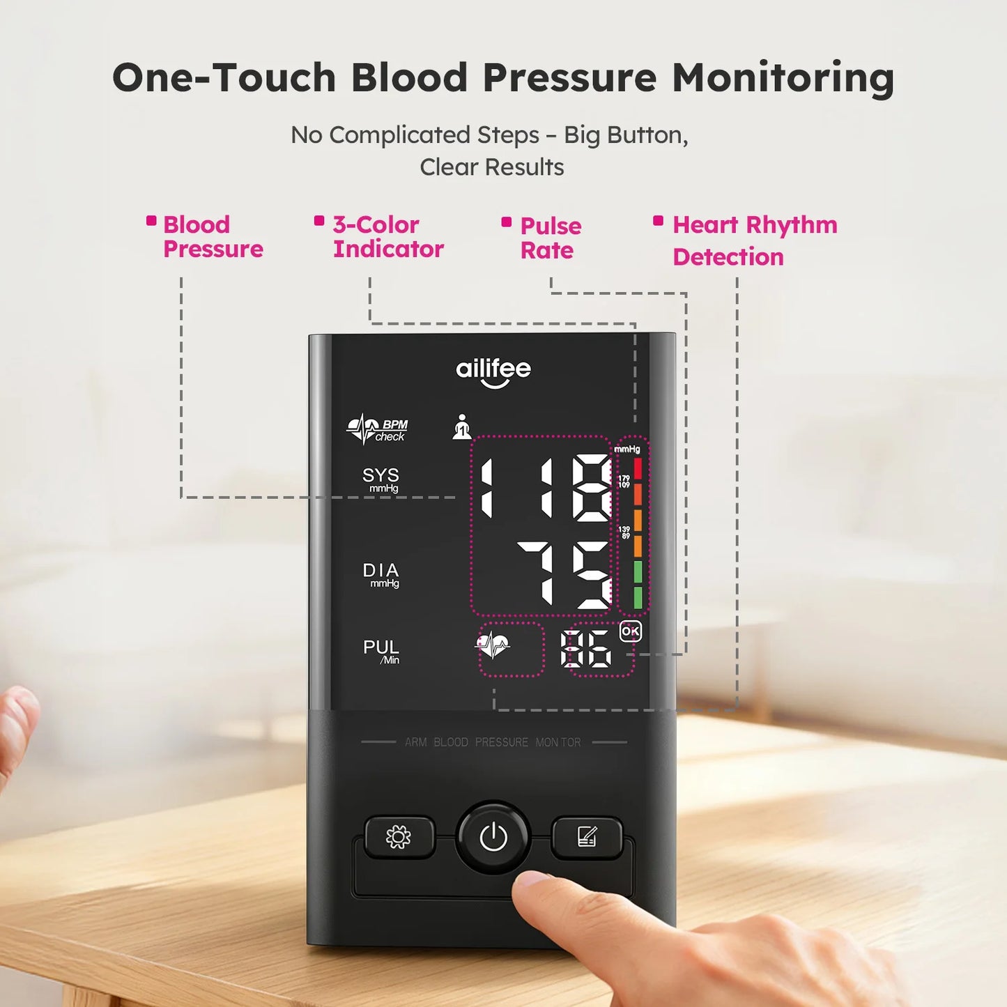 AILIFEE Upper Arm Blood Pressure Monitor For Home Use With LED Backlit Display