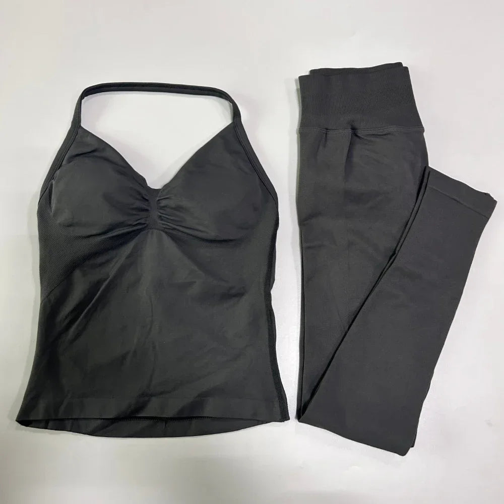 No Logo Seamless Gym Set Women High Waist Tank Tops